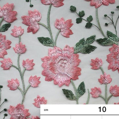 Tulle Ricamato Rosa con Fiori Rosa in Lurex