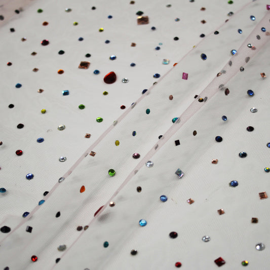 Pink Embroidered Tulle with Multicolored and Multifaceted Stones