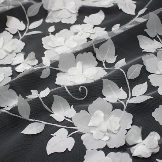 Embroidered Tulle with 3D Organza Roses and Leaves