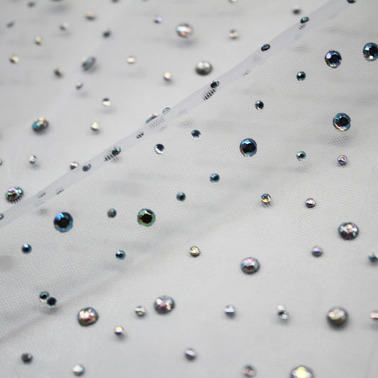 Tulle Ricamato con Strass Multicolor