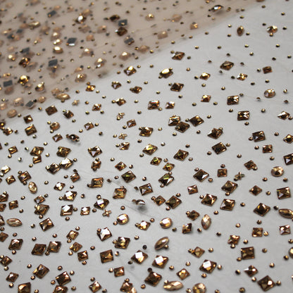 Tulle Ricamato con Strass e Pietre Multiforme Tono su Tono Effetto Degradè