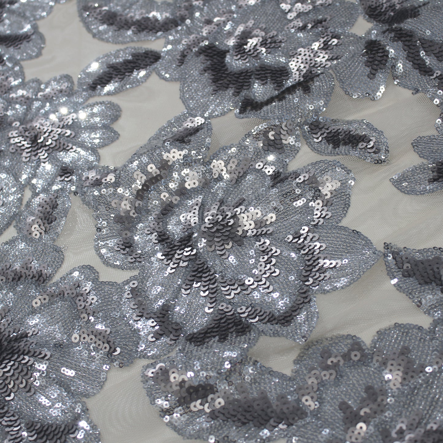 Tulle Stretch Ricamato Paillettes con Fiori Grandi