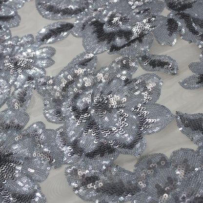 Tulle Stretch Ricamato Paillettes con Fiori Grandi